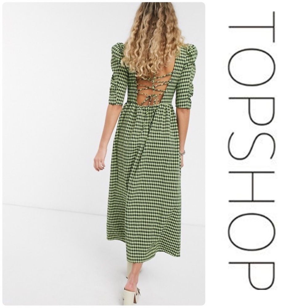 TopShop Gingham lace up back dress NWT